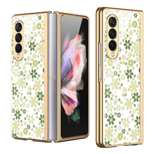 GKK Floral Pattern Printing Tempered Glass + Hard PC Electroplate Edge IMD Protective Back Cover for Samsung Galaxy Z Fold3 5G