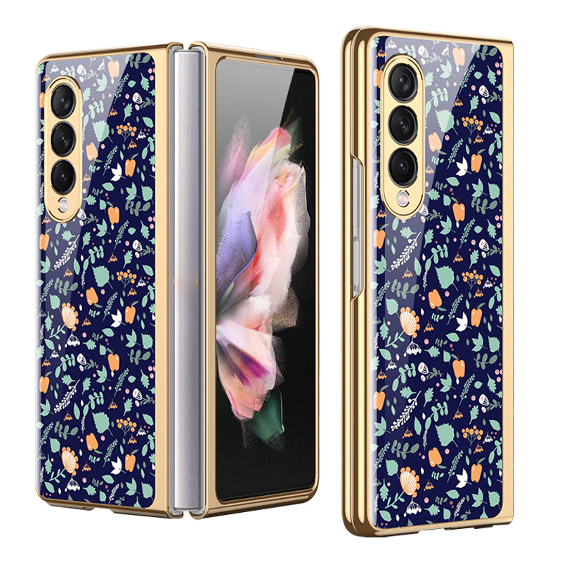 GKK Floral Pattern Printing Tempered Glass + Hard PC Electroplate Edge IMD Protective Back Cover for Samsung Galaxy Z Fold3 5G
