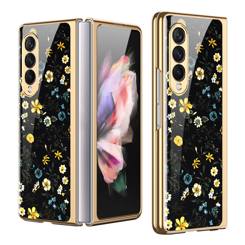 GKK Floral Pattern Printing Tempered Glass + Hard PC Electroplate Edge IMD Protective Back Cover for Samsung Galaxy Z Fold3 5G