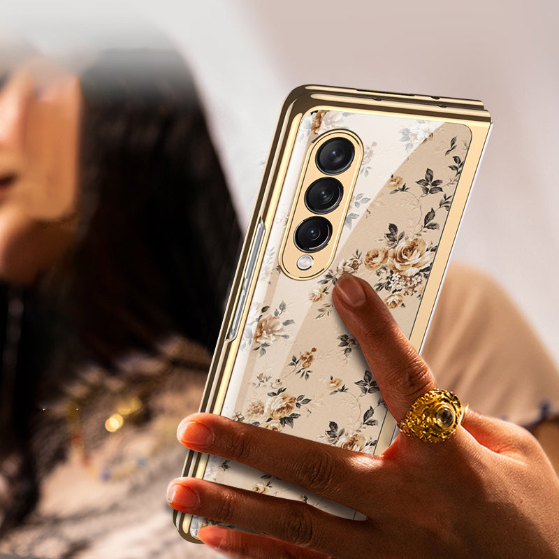 GKK Floral Pattern Printing Tempered Glass + Hard PC Electroplate Edge IMD Protective Back Cover for Samsung Galaxy Z Fold3 5G