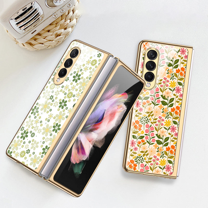 GKK Floral Pattern Printing Tempered Glass + Hard PC Electroplate Edge IMD Protective Back Cover for Samsung Galaxy Z Fold3 5G