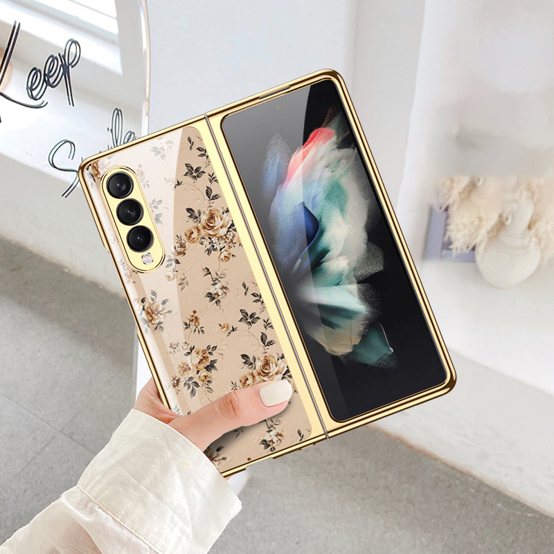 GKK Floral Pattern Printing Tempered Glass + Hard PC Electroplate Edge IMD Protective Back Cover for Samsung Galaxy Z Fold3 5G