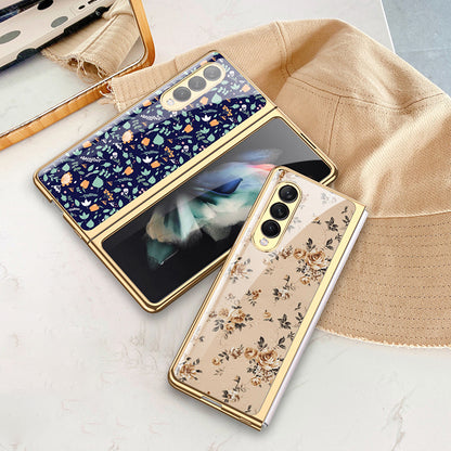 GKK Floral Pattern Printing Tempered Glass + Hard PC Electroplate Edge IMD Protective Back Cover for Samsung Galaxy Z Fold3 5G
