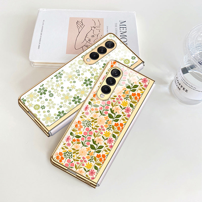GKK Floral Pattern Printing Tempered Glass + Hard PC Electroplate Edge IMD Protective Back Cover for Samsung Galaxy Z Fold3 5G