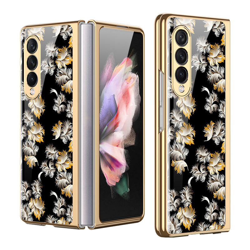 GKK Floral Pattern Printing Tempered Glass + Hard PC Electroplate Edge IMD Protective Back Cover for Samsung Galaxy Z Fold3 5G