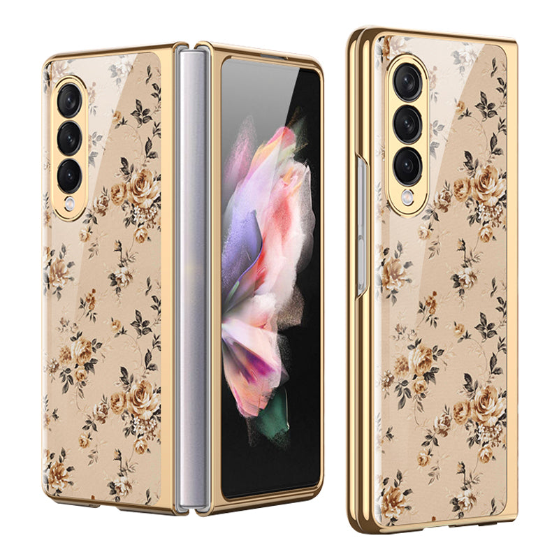 GKK Floral Pattern Printing Tempered Glass + Hard PC Electroplate Edge IMD Protective Back Cover for Samsung Galaxy Z Fold3 5G