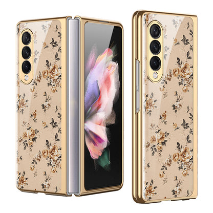 GKK Floral Pattern Printing Tempered Glass + Hard PC Electroplate Edge IMD Protective Back Cover for Samsung Galaxy Z Fold3 5G