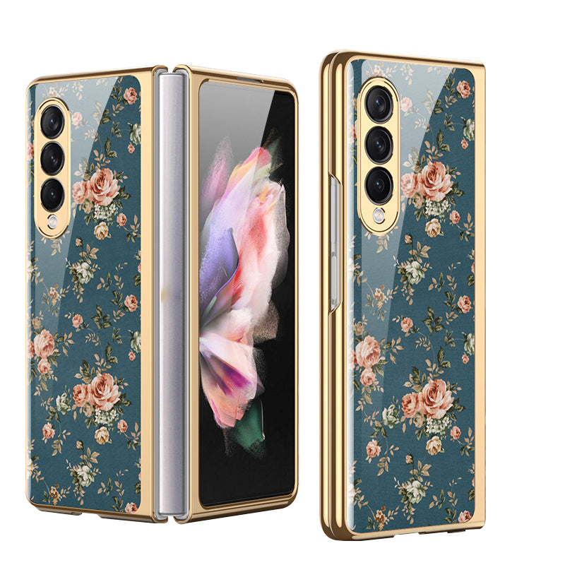 GKK Floral Pattern Printing Tempered Glass + Hard PC Electroplate Edge IMD Protective Back Cover for Samsung Galaxy Z Fold3 5G