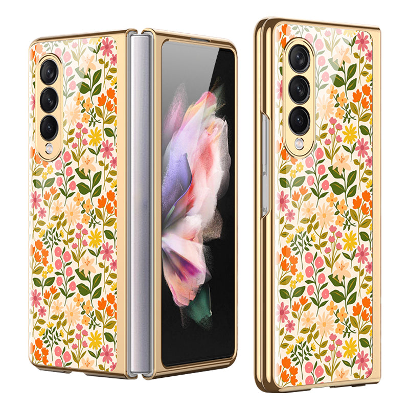 GKK Floral Pattern Printing Tempered Glass + Hard PC Electroplate Edge IMD Protective Back Cover for Samsung Galaxy Z Fold3 5G