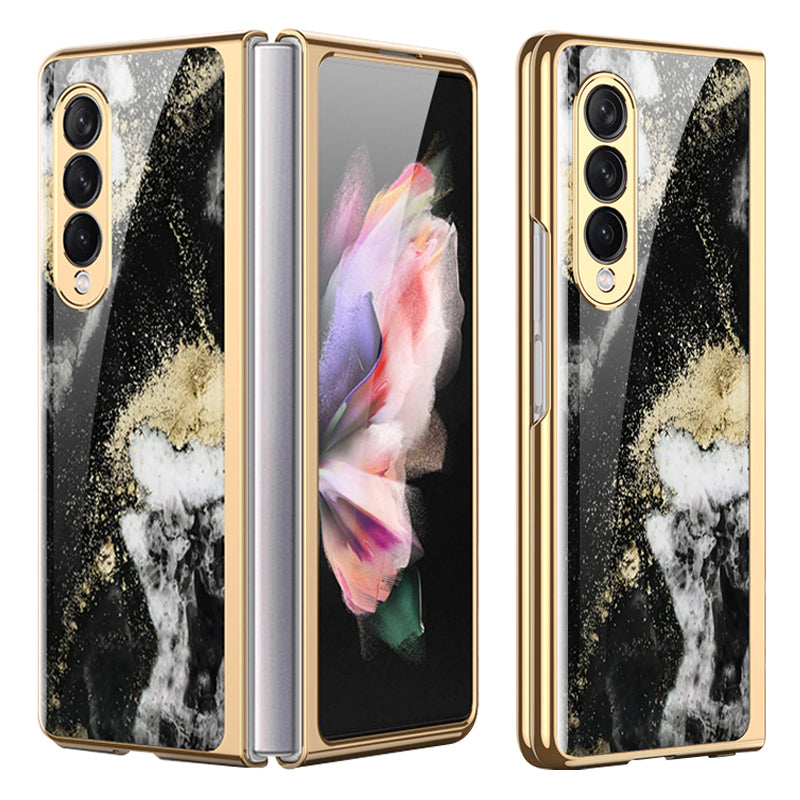GKK Anti-Scratch IMD Graceful Marble Pattern Tempered Glass Back + Hard PC Shockproof Electroplating Cover for Samsung Galaxy Z Fold3 5G
