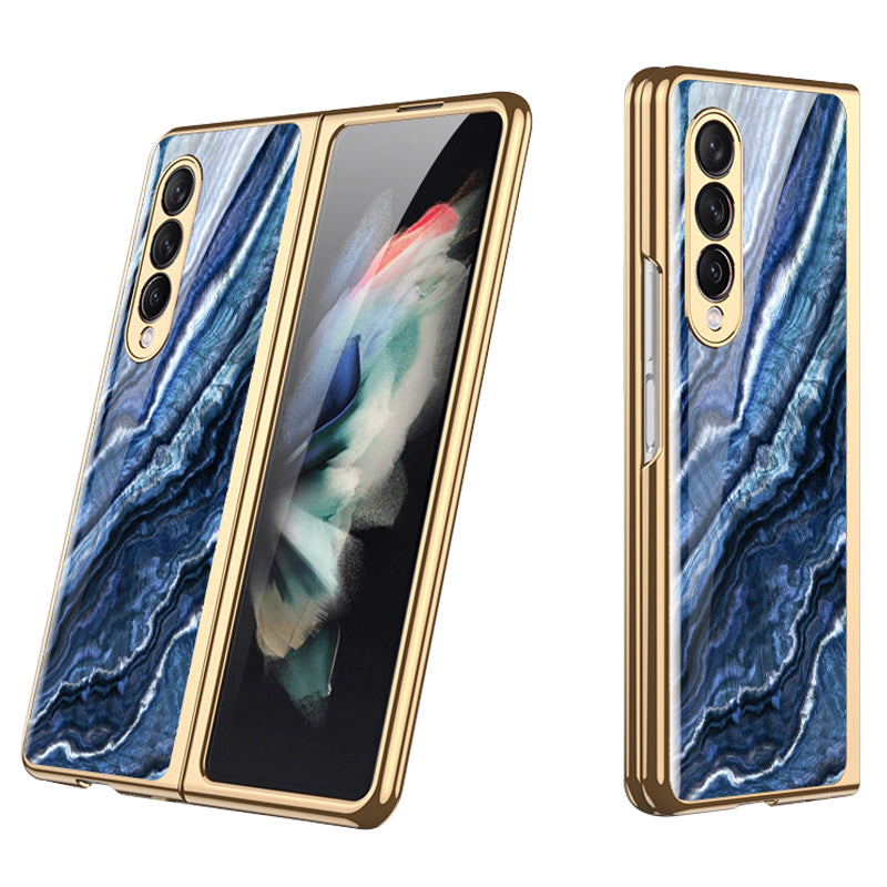 GKK Anti-Scratch IMD Graceful Marble Pattern Tempered Glass Back + Hard PC Shockproof Electroplating Cover for Samsung Galaxy Z Fold3 5G