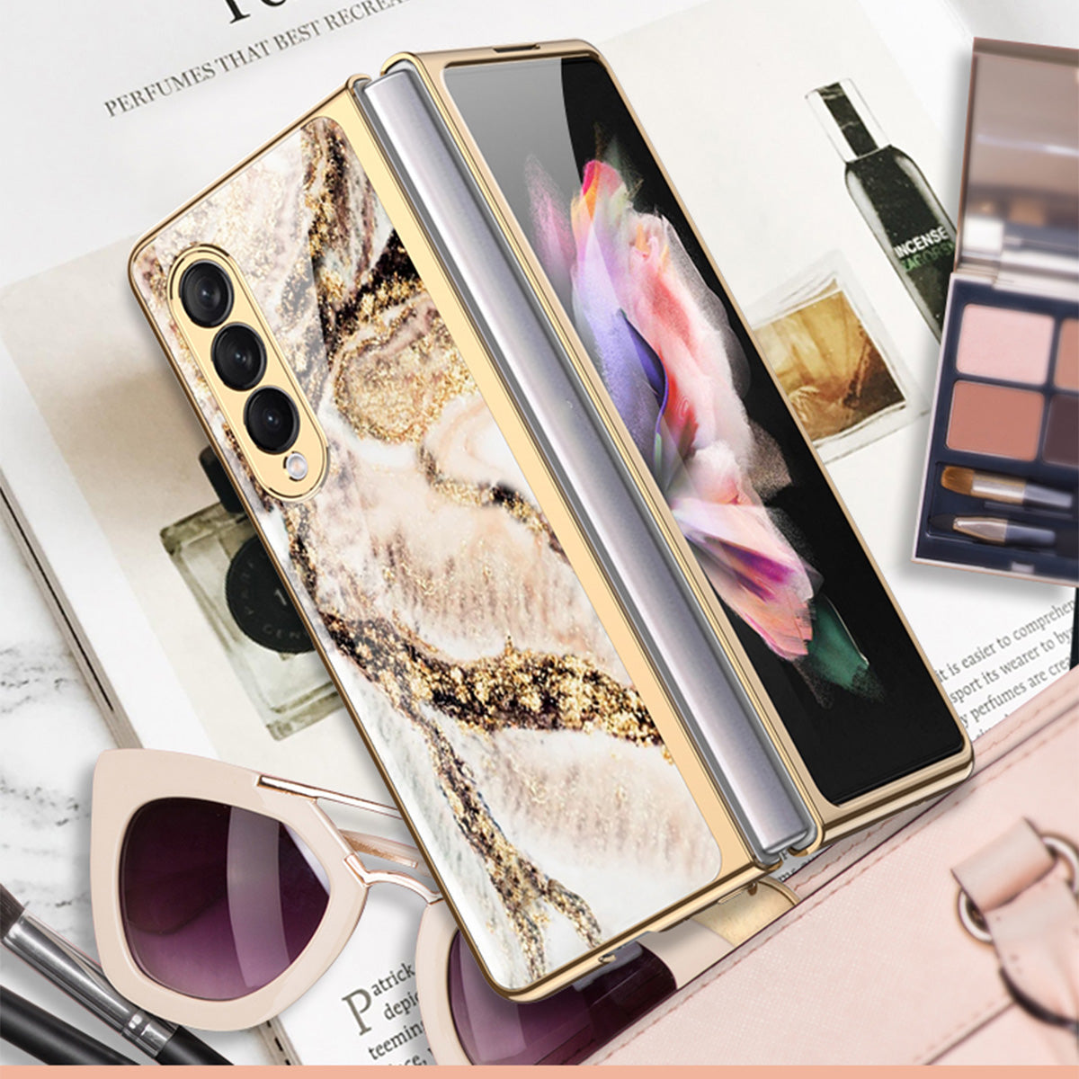 GKK Anti-Scratch IMD Graceful Marble Pattern Tempered Glass Back + Hard PC Shockproof Electroplating Cover for Samsung Galaxy Z Fold3 5G