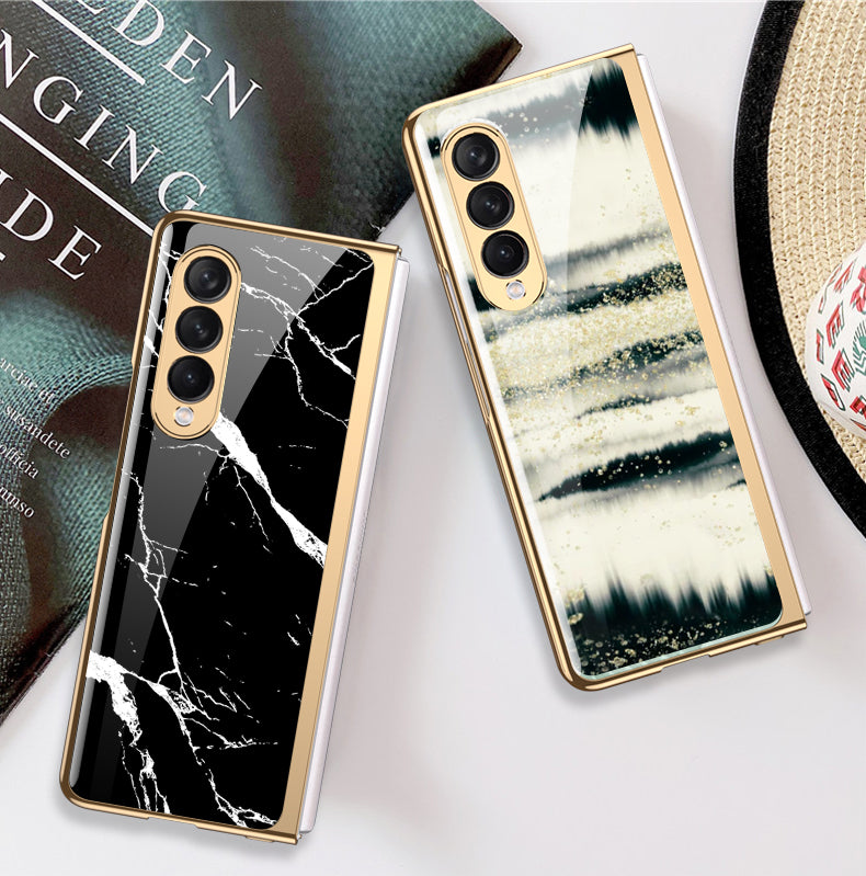 GKK Anti-Scratch IMD Graceful Marble Pattern Tempered Glass Back + Hard PC Shockproof Electroplating Cover for Samsung Galaxy Z Fold3 5G
