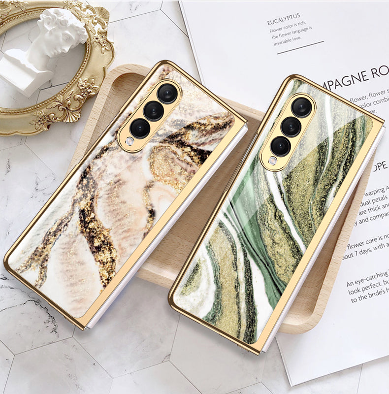 GKK Anti-Scratch IMD Graceful Marble Pattern Tempered Glass Back + Hard PC Shockproof Electroplating Cover for Samsung Galaxy Z Fold3 5G