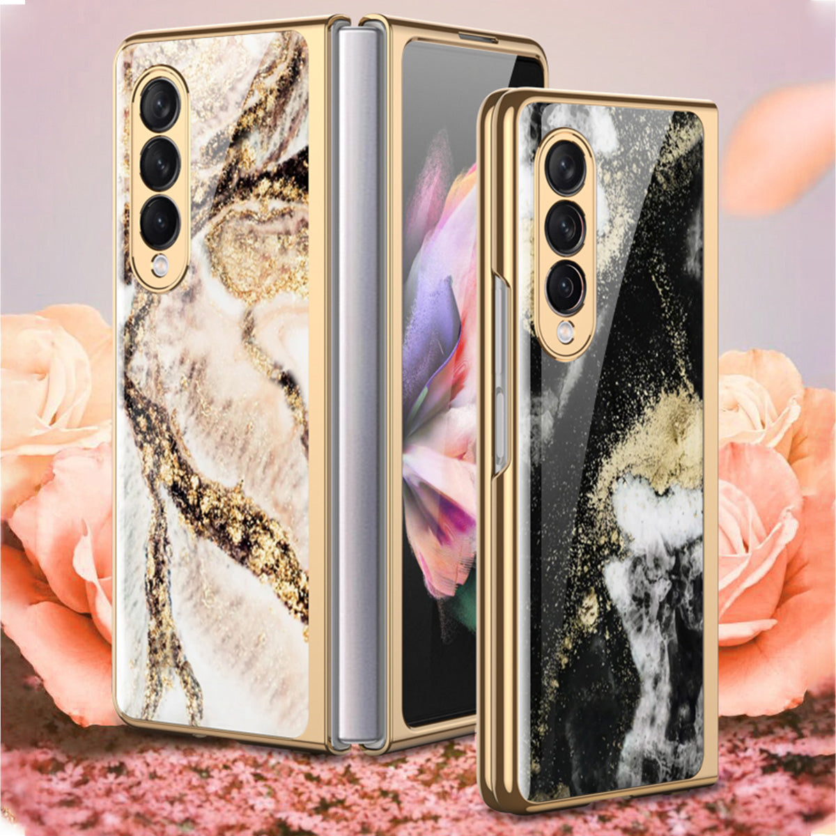 GKK Anti-Scratch IMD Graceful Marble Pattern Tempered Glass Back + Hard PC Shockproof Electroplating Cover for Samsung Galaxy Z Fold3 5G