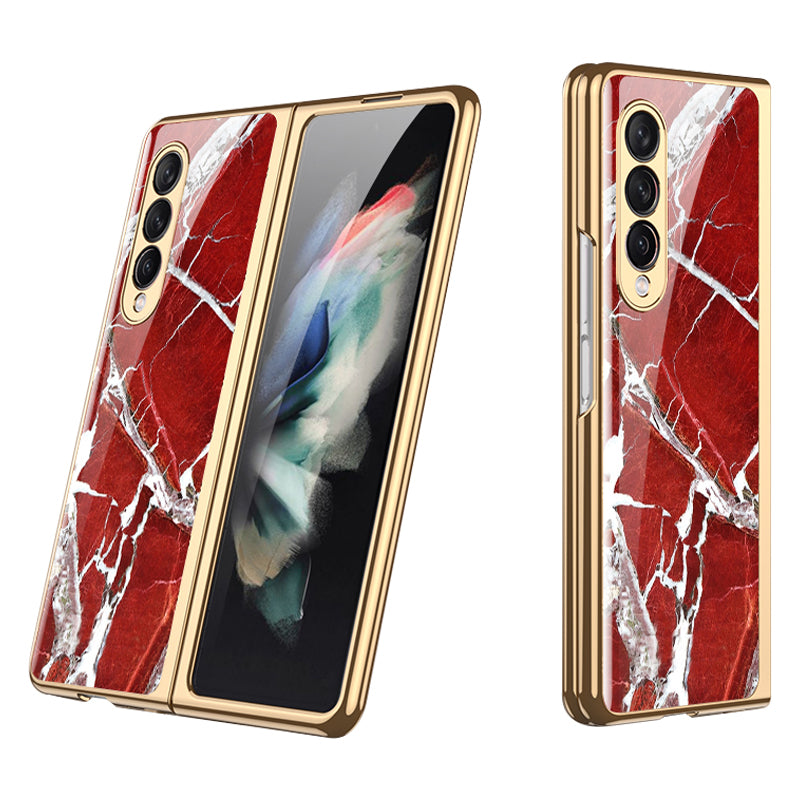 GKK Anti-Scratch IMD Graceful Marble Pattern Tempered Glass Back + Hard PC Shockproof Electroplating Cover for Samsung Galaxy Z Fold3 5G