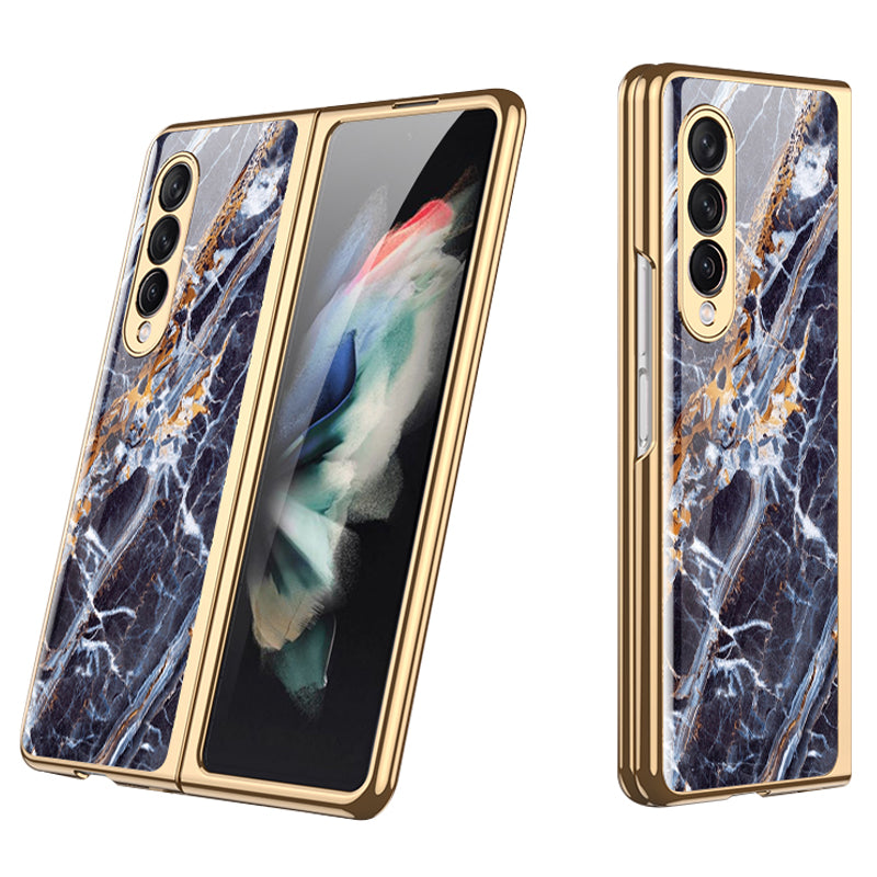 GKK Anti-Scratch IMD Graceful Marble Pattern Tempered Glass Back + Hard PC Shockproof Electroplating Cover for Samsung Galaxy Z Fold3 5G