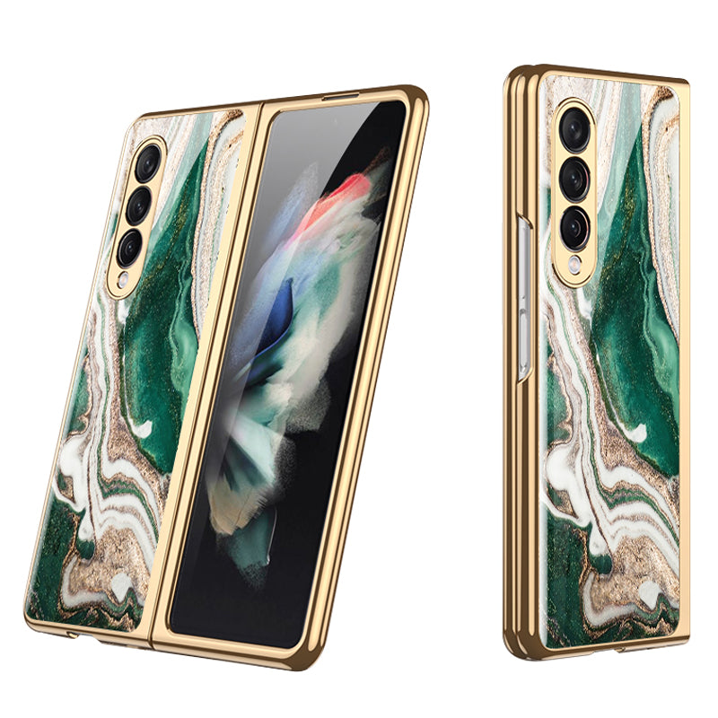 GKK Anti-Scratch IMD Graceful Marble Pattern Tempered Glass Back + Hard PC Shockproof Electroplating Cover for Samsung Galaxy Z Fold3 5G