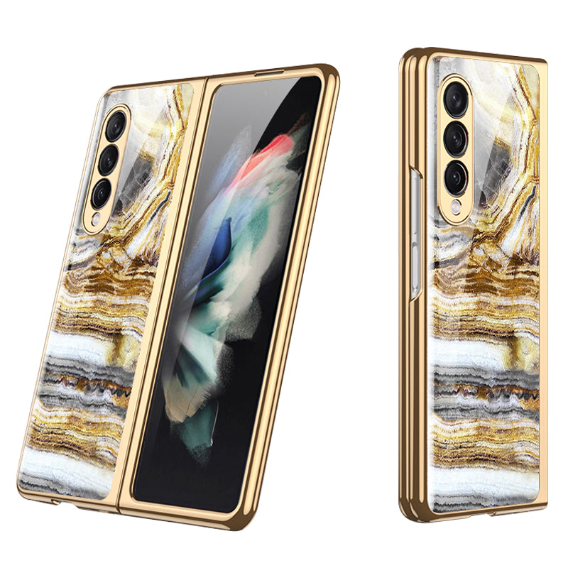 GKK Anti-Scratch IMD Graceful Marble Pattern Tempered Glass Back + Hard PC Shockproof Electroplating Cover for Samsung Galaxy Z Fold3 5G