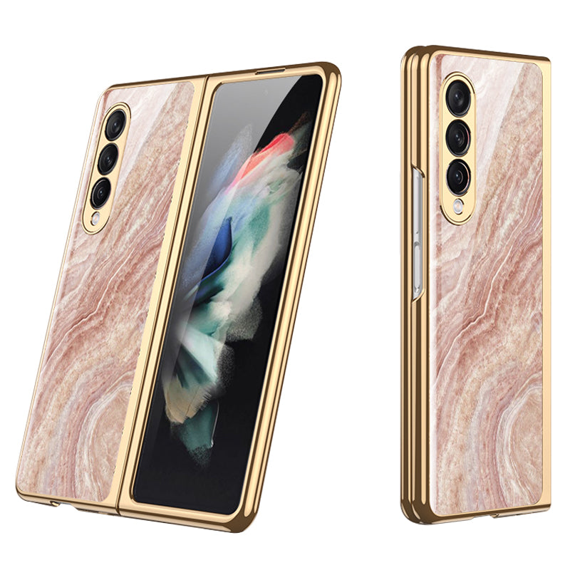 GKK Anti-Scratch IMD Graceful Marble Pattern Tempered Glass Back + Hard PC Shockproof Electroplating Cover for Samsung Galaxy Z Fold3 5G