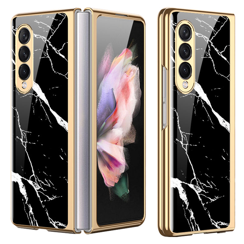 GKK Anti-Scratch IMD Graceful Marble Pattern Tempered Glass Back + Hard PC Shockproof Electroplating Cover for Samsung Galaxy Z Fold3 5G
