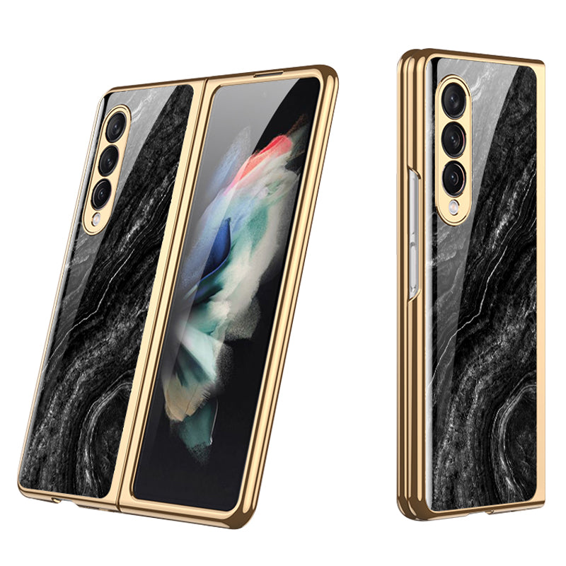 GKK Anti-Scratch IMD Graceful Marble Pattern Tempered Glass Back + Hard PC Shockproof Electroplating Cover for Samsung Galaxy Z Fold3 5G