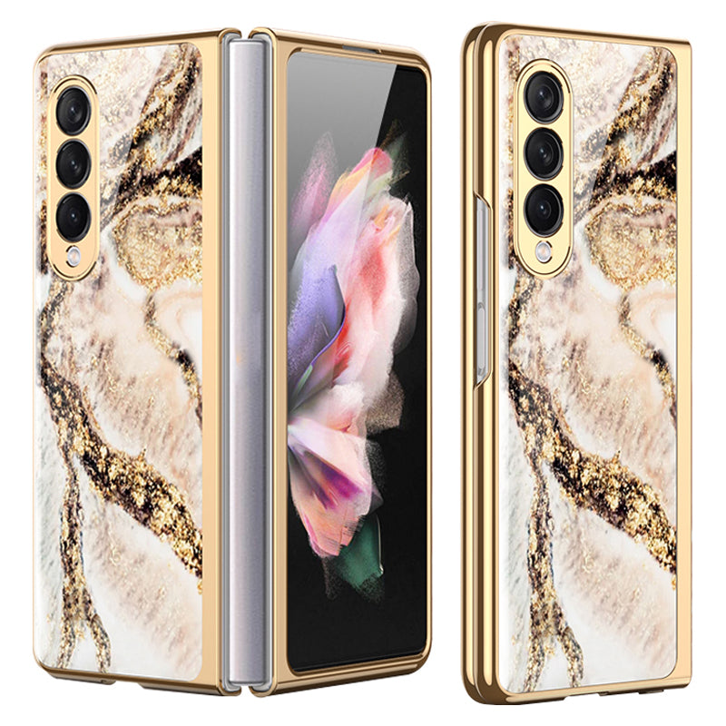 GKK Anti-Scratch IMD Graceful Marble Pattern Tempered Glass Back + Hard PC Shockproof Electroplating Cover for Samsung Galaxy Z Fold3 5G
