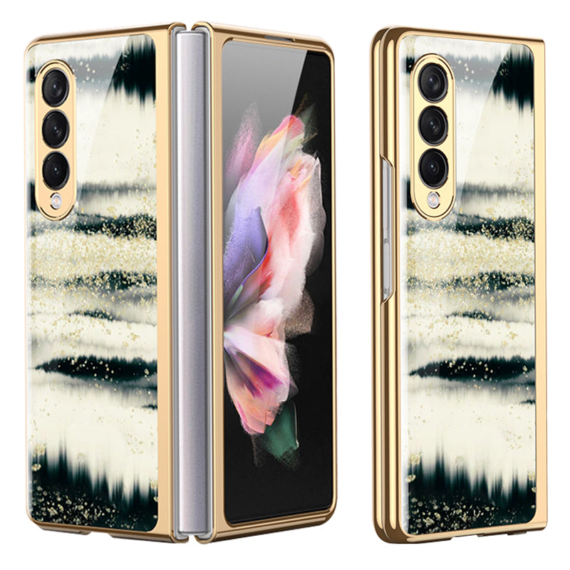 GKK Anti-Scratch IMD Graceful Marble Pattern Tempered Glass Back + Hard PC Shockproof Electroplating Cover for Samsung Galaxy Z Fold3 5G