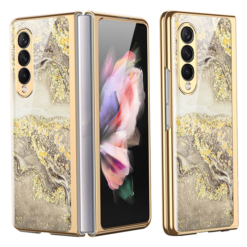 GKK Anti-Scratch IMD Graceful Marble Pattern Tempered Glass Back + Hard PC Shockproof Electroplating Cover for Samsung Galaxy Z Fold3 5G