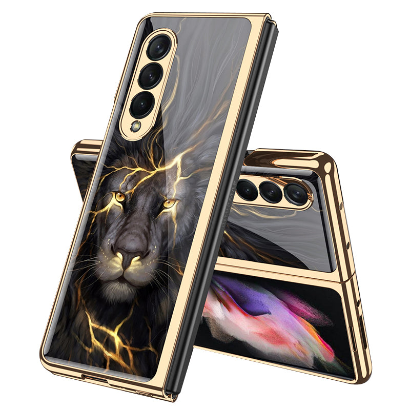 GKK Electroplating Block Series Pattern Printing Tempered Glass Back Hard PC Protective Phone Case for Samsung Galaxy Z Fold3 5G