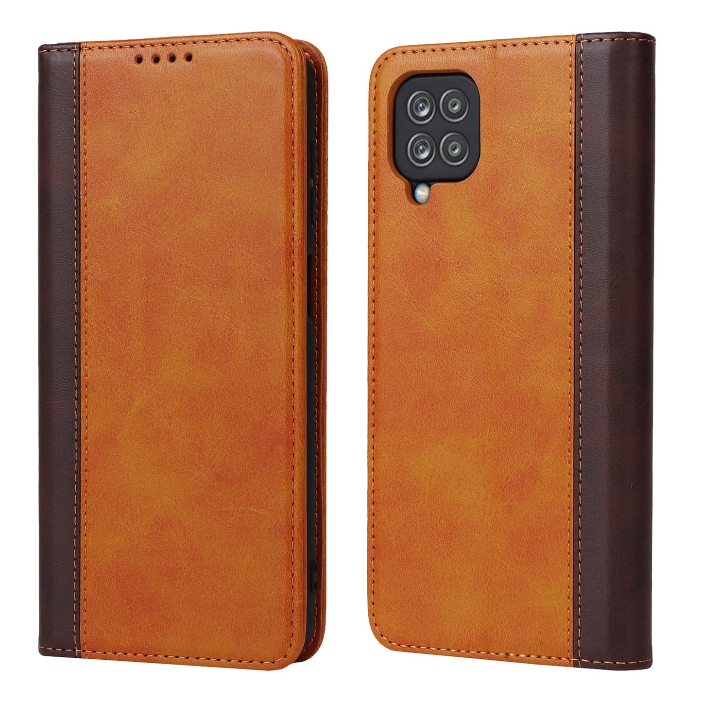 For Samsung Galaxy A12 Auto-absorbed Bi-color Splicing  Leather Wallet Phone Shell Standing Case
