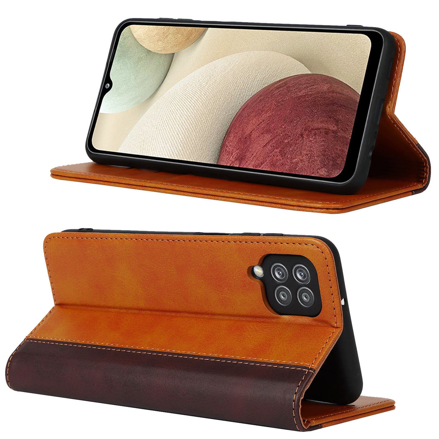 For Samsung Galaxy A12 Auto-absorbed Bi-color Splicing  Leather Wallet Phone Shell Standing Case