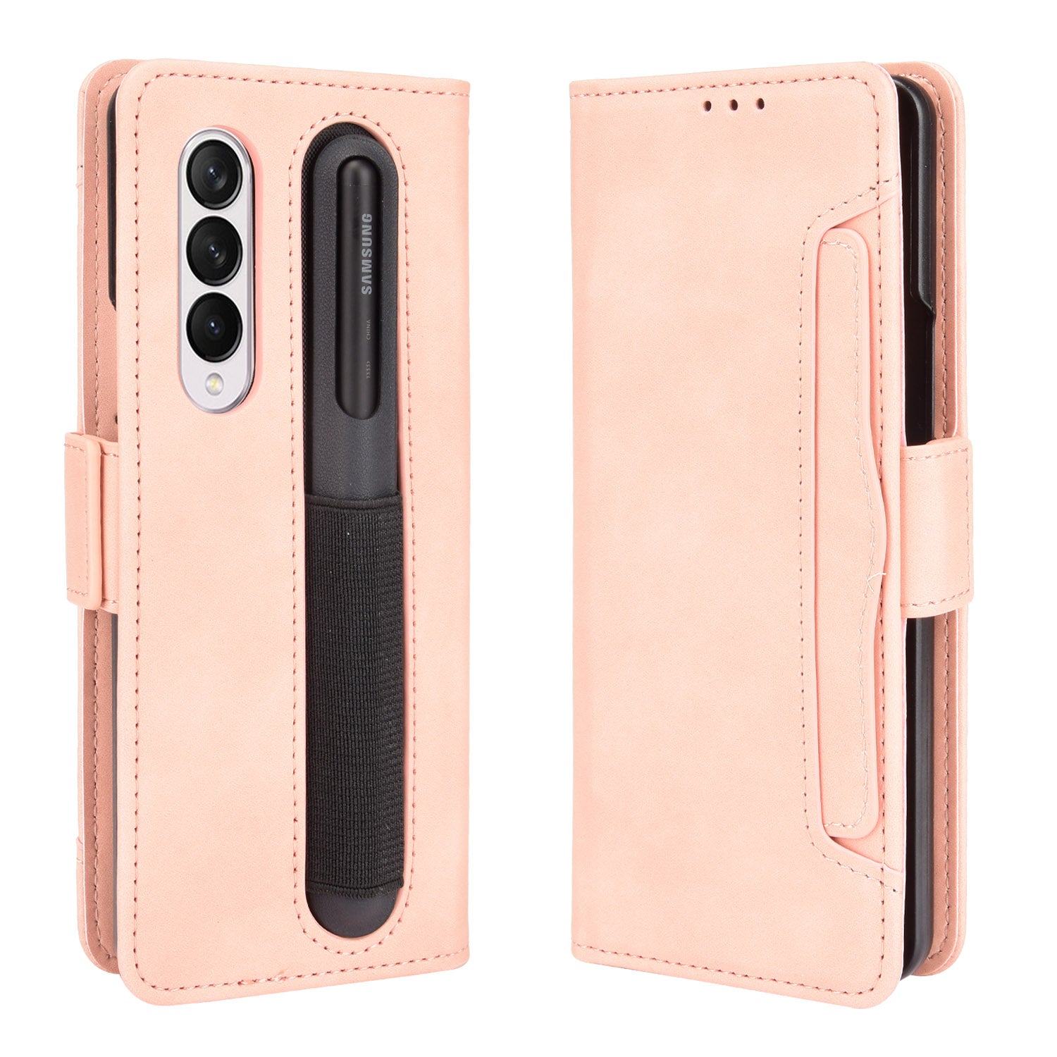 For Samsung Galaxy Z Fold3 5G Well-Protected Anti-Fall Pen Slot Phone Case PU Leather + TPU Phone Cover Multiple Card Slot Wallet Stand Design