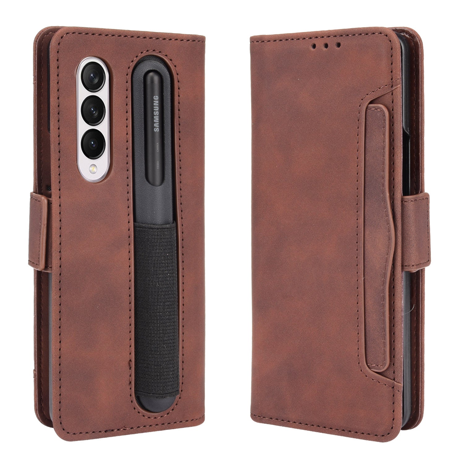 For Samsung Galaxy Z Fold3 5G Well-Protected Anti-Fall Pen Slot Phone Case PU Leather + TPU Phone Cover Multiple Card Slot Wallet Stand Design