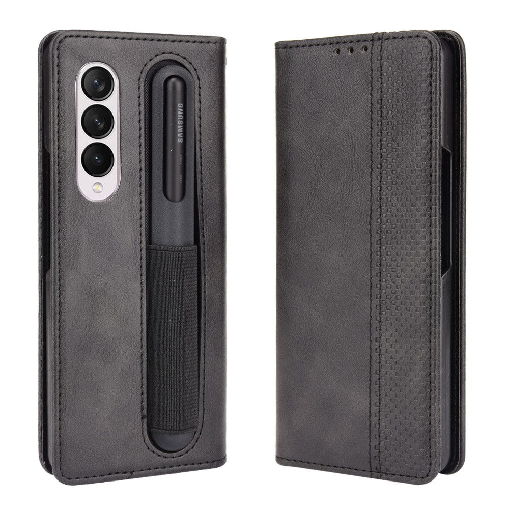 For Samsung Galaxy Z Fold3 5G Retro Textured Surface Pen Slot Shockproof Leather Phone Cover