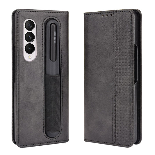 For Samsung Galaxy Z Fold3 5G Retro Textured Surface Pen Slot Shockproof Leather Phone Cover