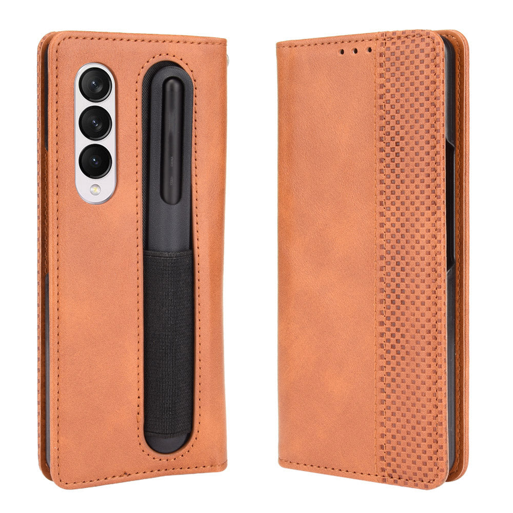 For Samsung Galaxy Z Fold3 5G Retro Textured Surface Pen Slot Shockproof Leather Phone Cover