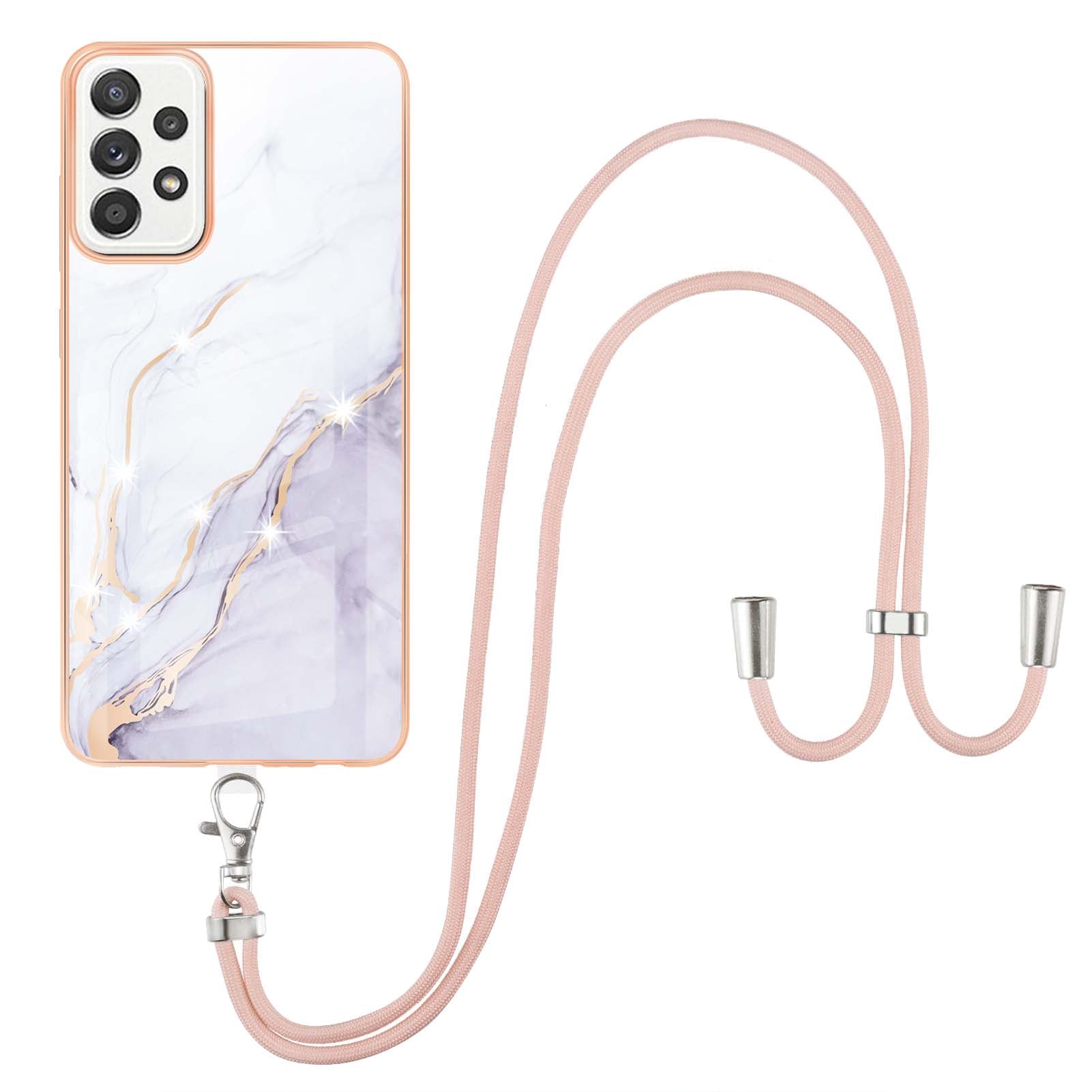 Marble Pattern Printing Soft TPU IMD Electroplating Protective Cover with Lanyard for Samsung Galaxy A52 4G / A52 5G / A52s 5G