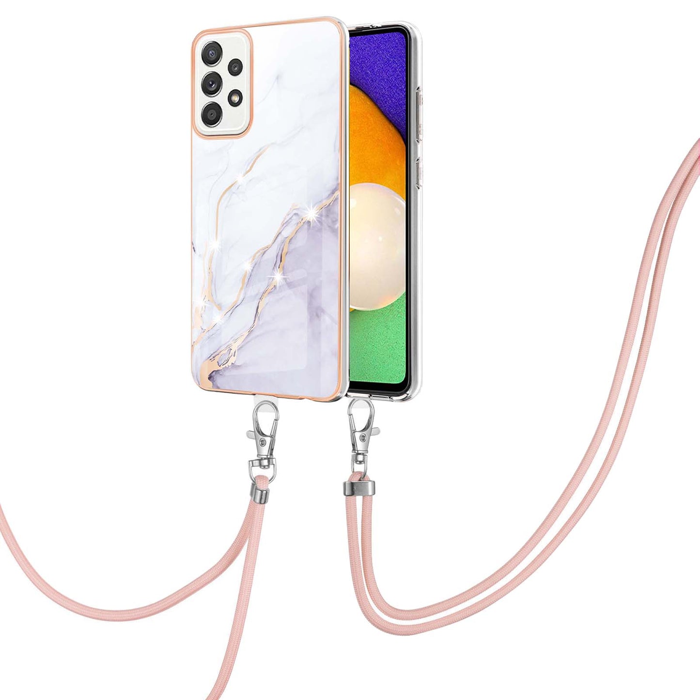 Marble Pattern Printing Soft TPU IMD Electroplating Protective Cover with Lanyard for Samsung Galaxy A52 4G / A52 5G / A52s 5G