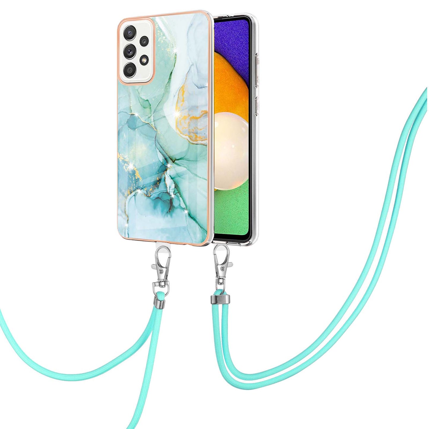 Marble Pattern Printing Soft TPU IMD Electroplating Protective Cover with Lanyard for Samsung Galaxy A52 4G / A52 5G / A52s 5G