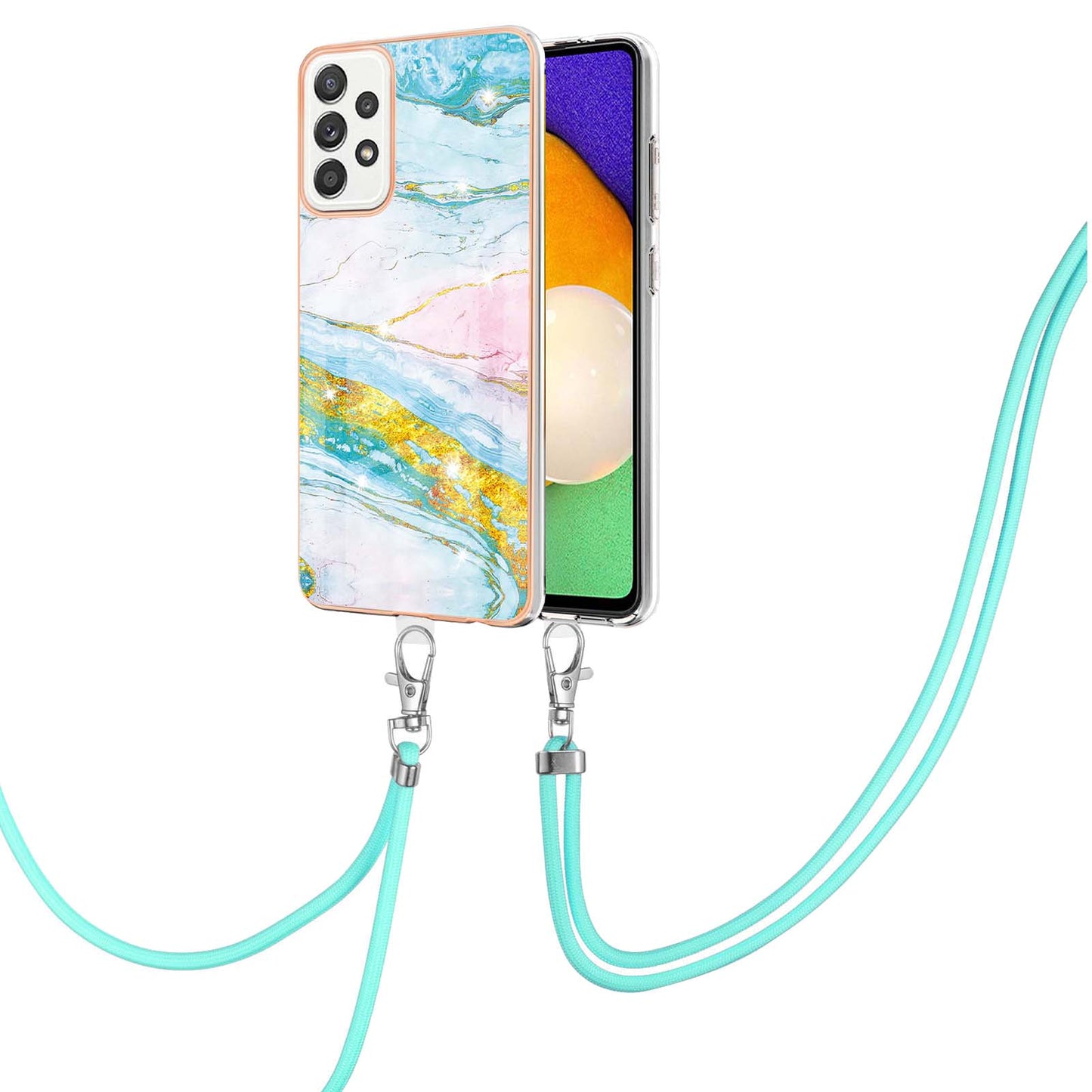 Marble Pattern Printing Soft TPU IMD Electroplating Protective Cover with Lanyard for Samsung Galaxy A52 4G / A52 5G / A52s 5G
