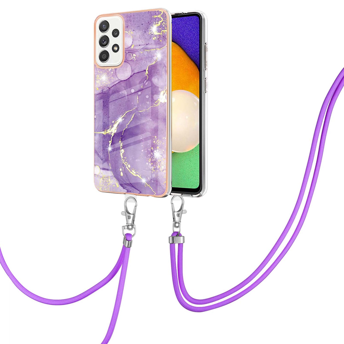 Marble Pattern Printing Soft TPU IMD Electroplating Protective Cover with Lanyard for Samsung Galaxy A52 4G / A52 5G / A52s 5G