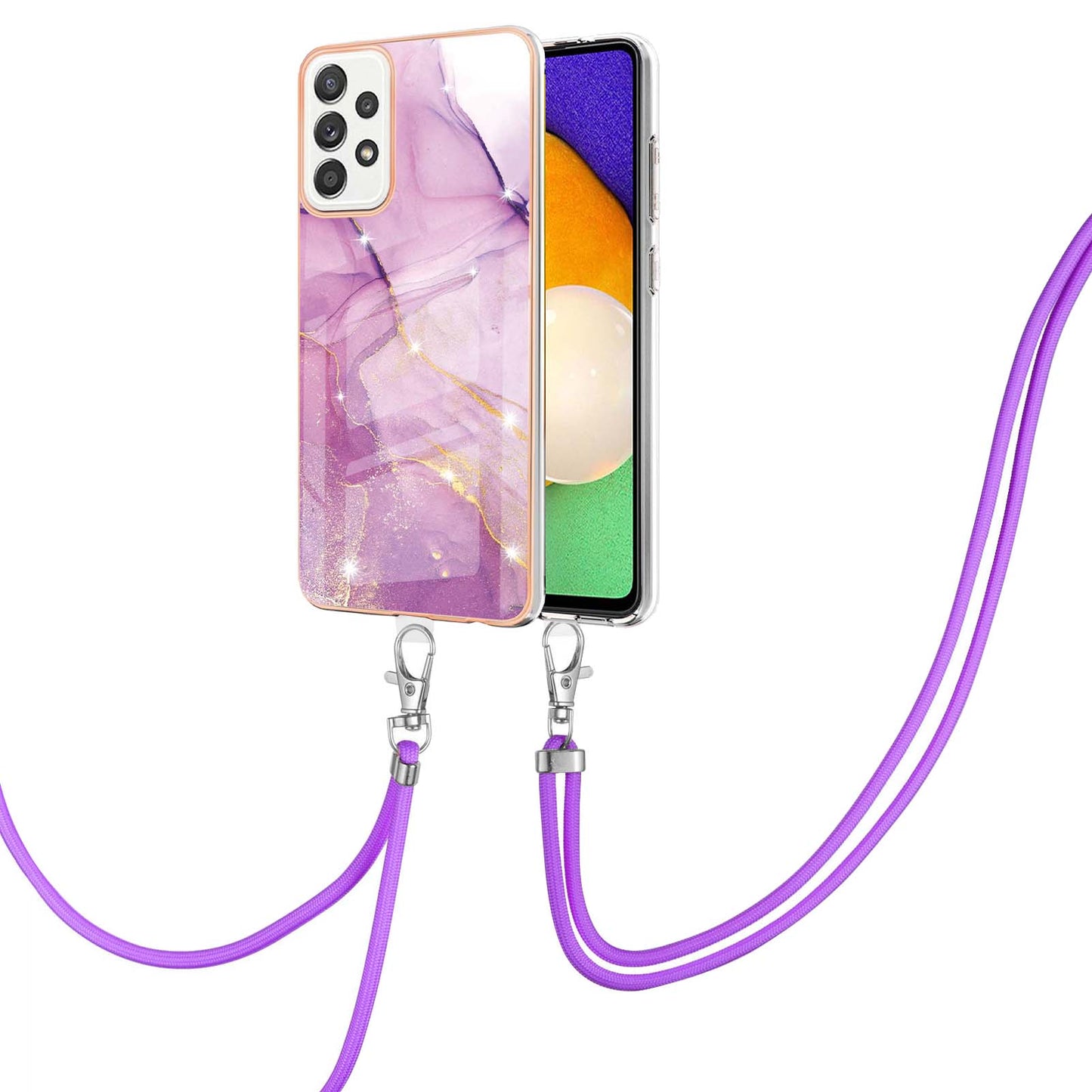 Marble Pattern Printing Soft TPU IMD Electroplating Protective Cover with Lanyard for Samsung Galaxy A52 4G / A52 5G / A52s 5G