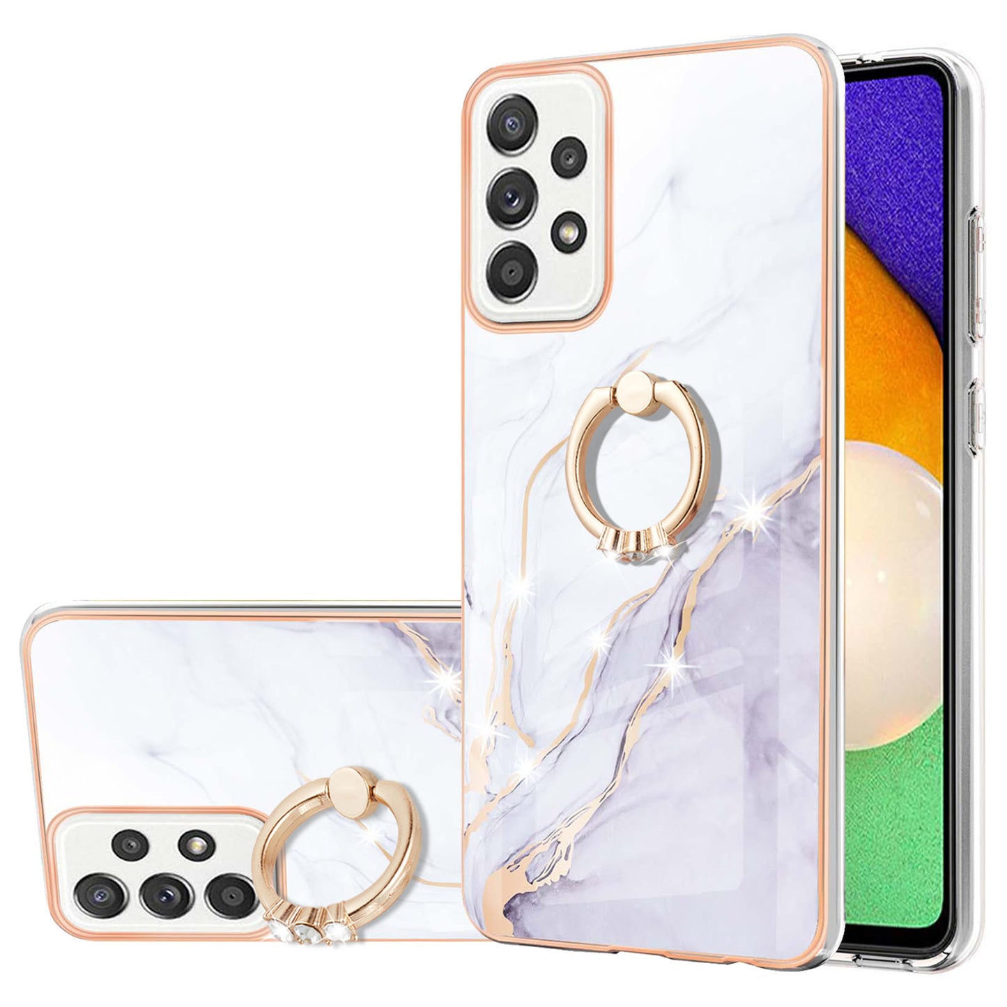 Anti-Yellowing IML IMD Marble Pattern Flexible TPU Cover Electroplating Phone Case with Kickstand for Samsung Galaxy A52 4G/5G/A52s 5G