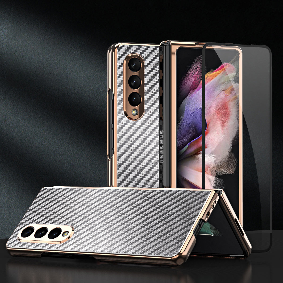 Vacuum Plating Frame Carbon Fiber Texture PU Leather Coated PC Case with Screen Film for Samsung Galaxy Z Fold3 5G
