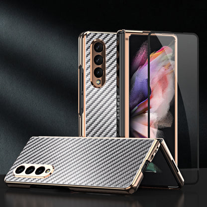 Vacuum Plating Frame Carbon Fiber Texture PU Leather Coated PC Case with Screen Film for Samsung Galaxy Z Fold3 5G