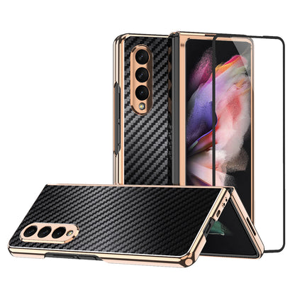 Vacuum Plating Frame Carbon Fiber Texture PU Leather Coated PC Case with Screen Film for Samsung Galaxy Z Fold3 5G