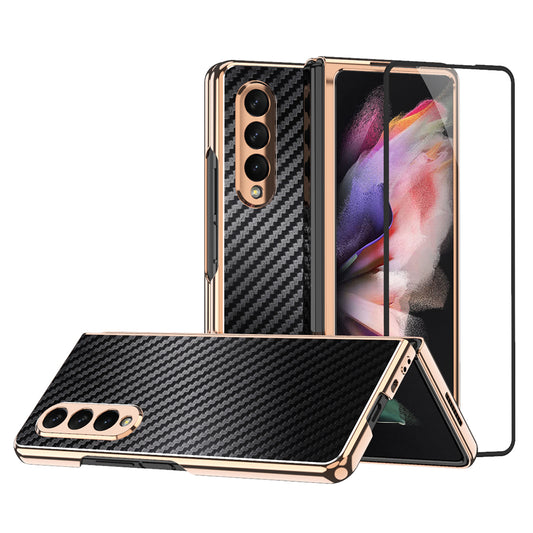 Vacuum Plating Frame Carbon Fiber Texture PU Leather Coated PC Case with Screen Film for Samsung Galaxy Z Fold3 5G