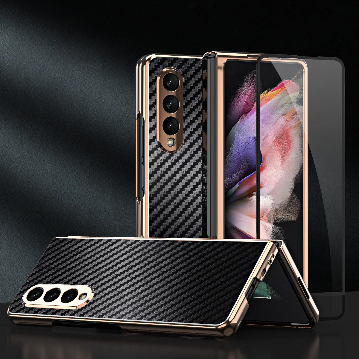 Vacuum Plating Frame Carbon Fiber Texture PU Leather Coated PC Case with Screen Film for Samsung Galaxy Z Fold3 5G