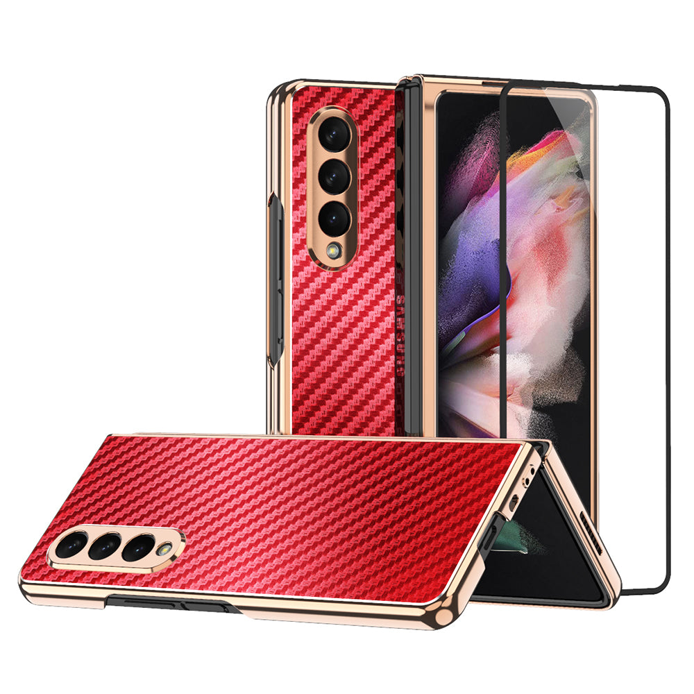 Vacuum Plating Frame Carbon Fiber Texture PU Leather Coated PC Case with Screen Film for Samsung Galaxy Z Fold3 5G